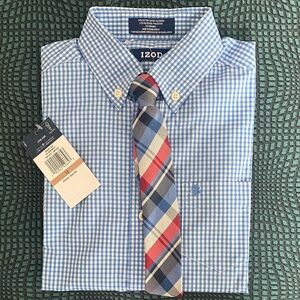 Izod Boy’s Blue Gingham Dress Shirt and matching tie